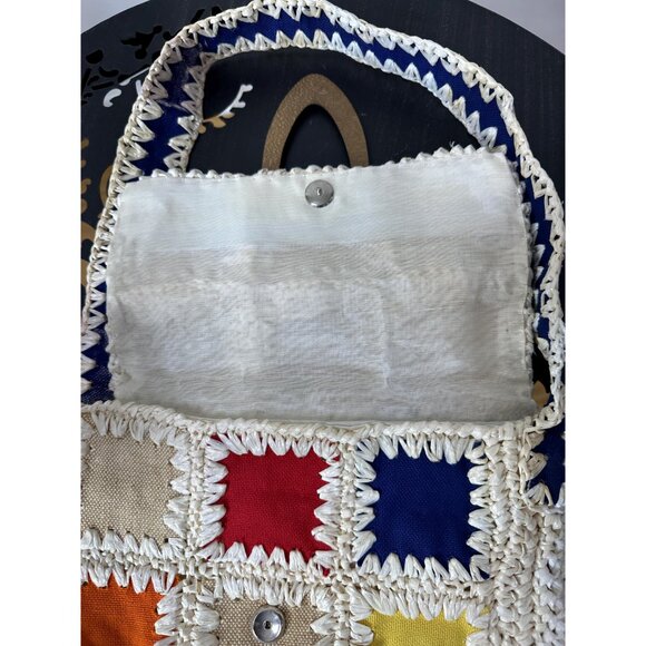 1960s raffia purse with colorful patchwork and wood accent by Craig Scot Made in - Picture 8 of 10